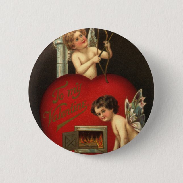 Vintager Valentinstag Kupid, Engel Brennende Liebe Button (Vorderseite)