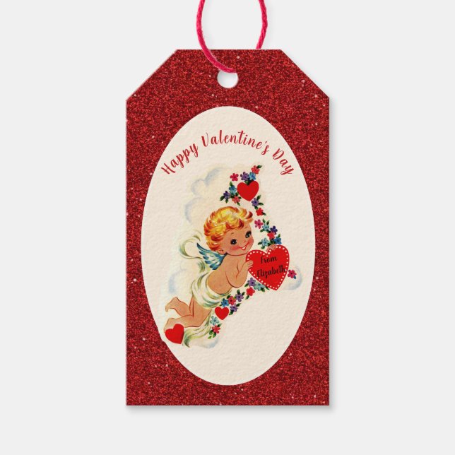 Vintager Valentinstag Retro Cupid Red Custom Geschenkanhänger (Vorderseite)