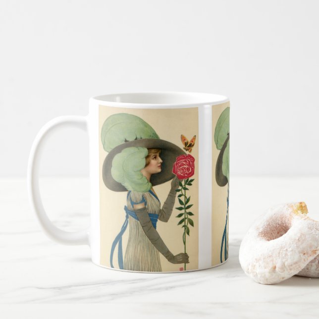 Vintager Valentinstag, Schmetterling der Lady Rote Kaffeetasse (Mit Donut)