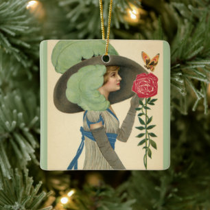 Vintager Valentinstag, Schmetterling der Lady Rote Keramikornament