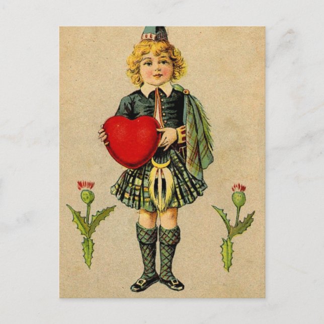 Vintager Valentinstag Schottischer Junge & Herz Feiertagspostkarte (Vorderseite)
