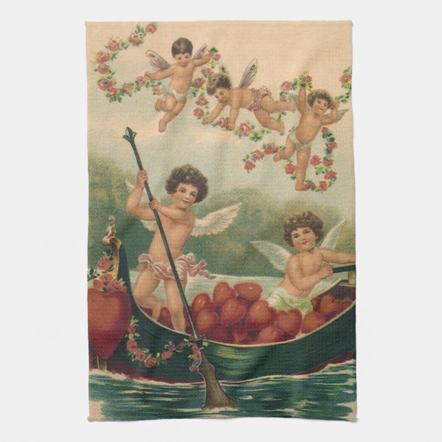 Vintager Valentinstag, Viktorianische Cherubs auf  Geschirrtuch (Vertikal)