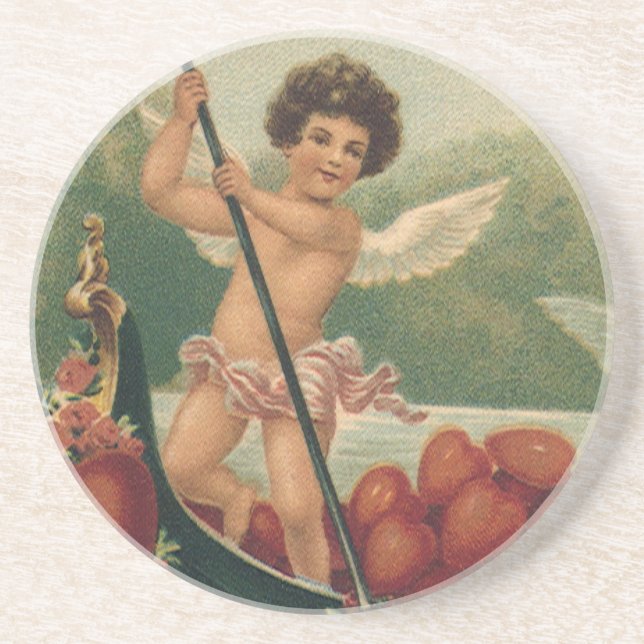 Vintager Valentinstag, Viktorianische Cherubs auf  Sandstein Untersetzer (Vorne)