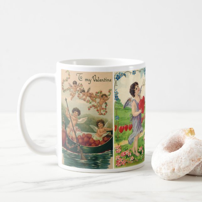Vintager Valentinstag, Viktorianische Engel Herz Kaffeetasse (Mit Donut)
