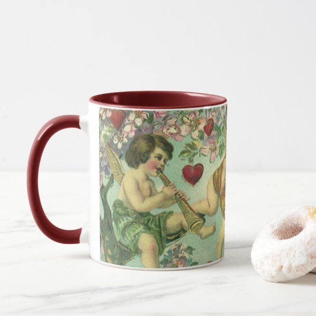 Vintager Valentinstag Viktorianische Kupide Herzba Tasse (Mit Donut)