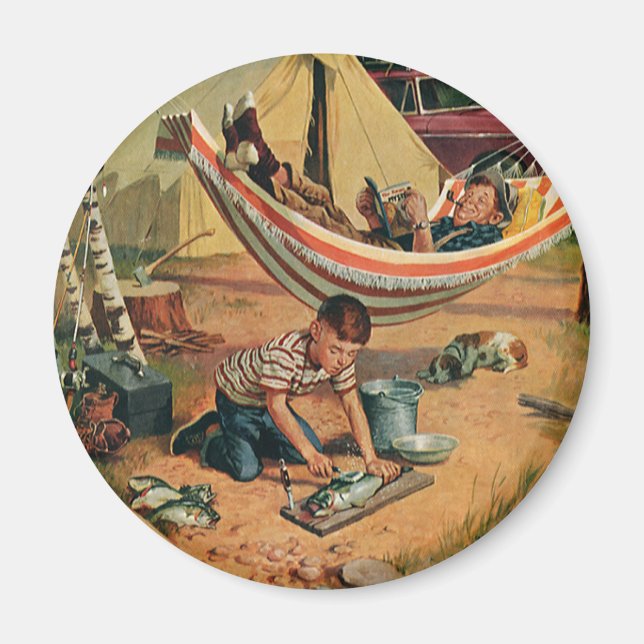 Vintager Vater und Sohn Camping, glücklicher Vater Magnet (Vorne)