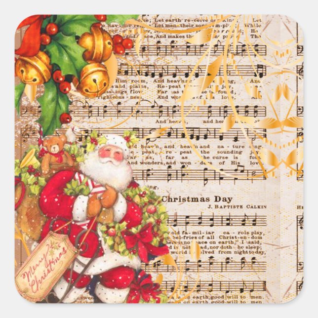 Vintager Vater Weihnachten und Weihnachtslieder Quadratischer Aufkleber (Vorderseite)