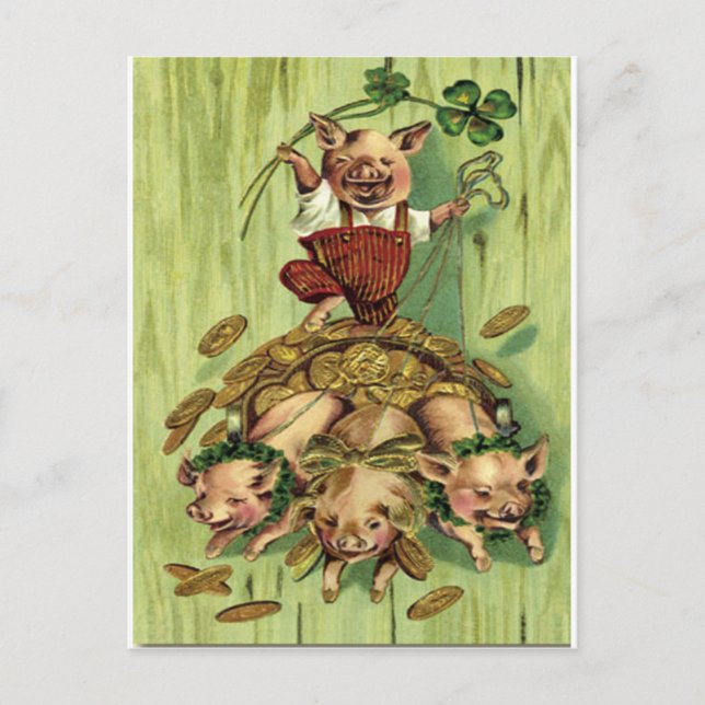 Vintager Vierblättriges Kleeblatt Pig Gold St Patr Postkarte (Vorderseite)