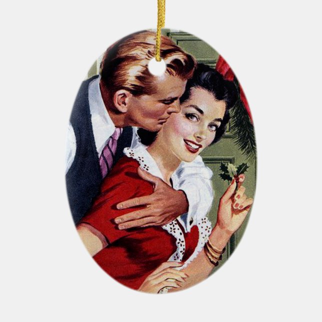 Vintager Vierzigerjahre Weihnachtsdruck Keramik Ornament (Vorne)