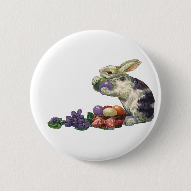 Vintager Viktorianischer Osterhase, Eier und Blume Button (Vorderseite)