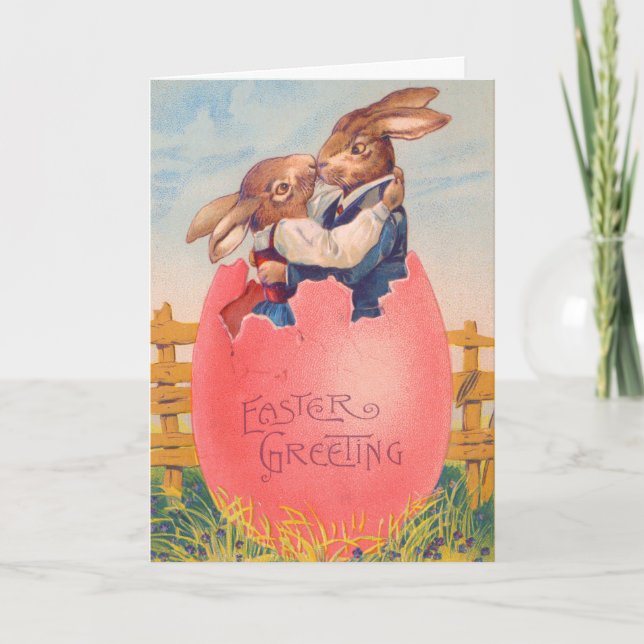Vintager Viktorianischer Ostern Gruß zwei Bunnies  Karte (Vorderseite)