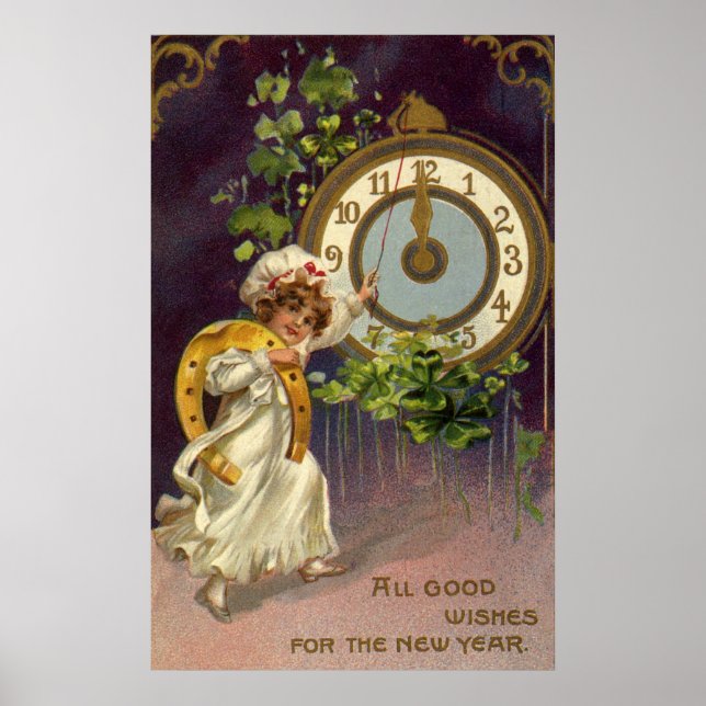 Vintager Viktorianischer Silvester, Uhr um Mittern Poster (Vorne)