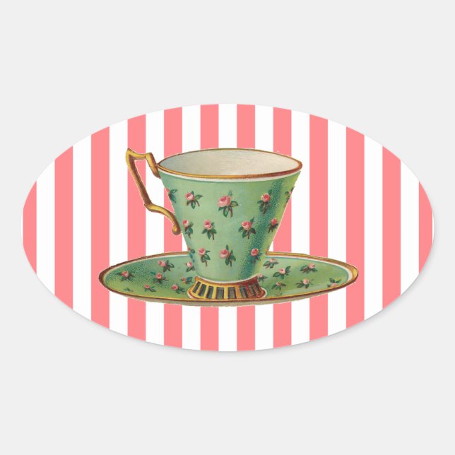 Vintager Viktorianischer Teecup Ovaler Aufkleber (Vorderseite)