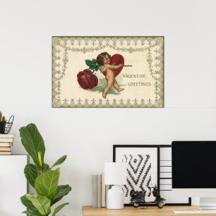 Vintager Viktorianischer Valentinkreub, Rose und H Poster