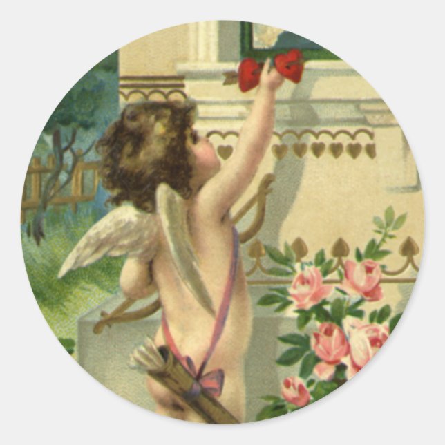 Vintager Viktorianischer Valentinstag, Angel Herz Runder Aufkleber (Vorderseite)