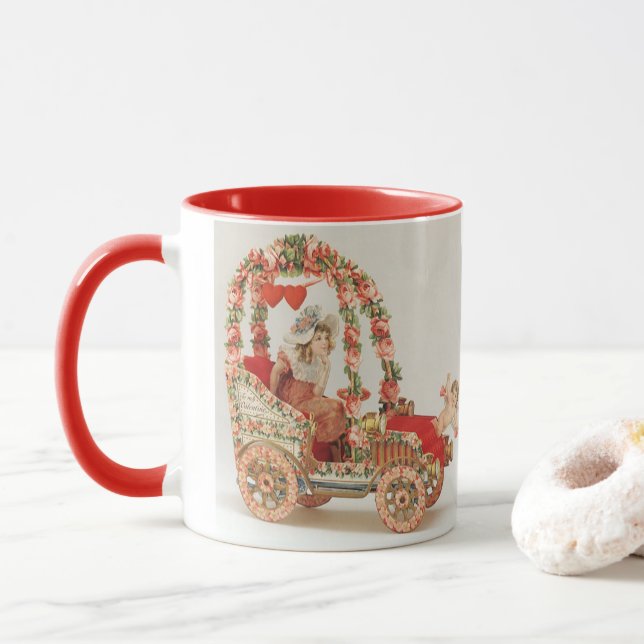 Vintager Viktorianischer Valentinstag, Auto mit Bl Tasse (Mit Donut)