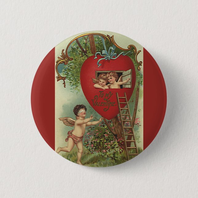 Vintager Viktorianischer Valentinstag Cherubs Tree Button (Vorderseite)
