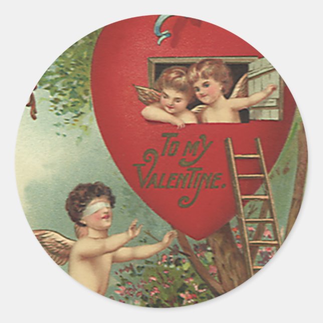 Vintager Viktorianischer Valentinstag Cherubs Tree Runder Aufkleber (Vorderseite)
