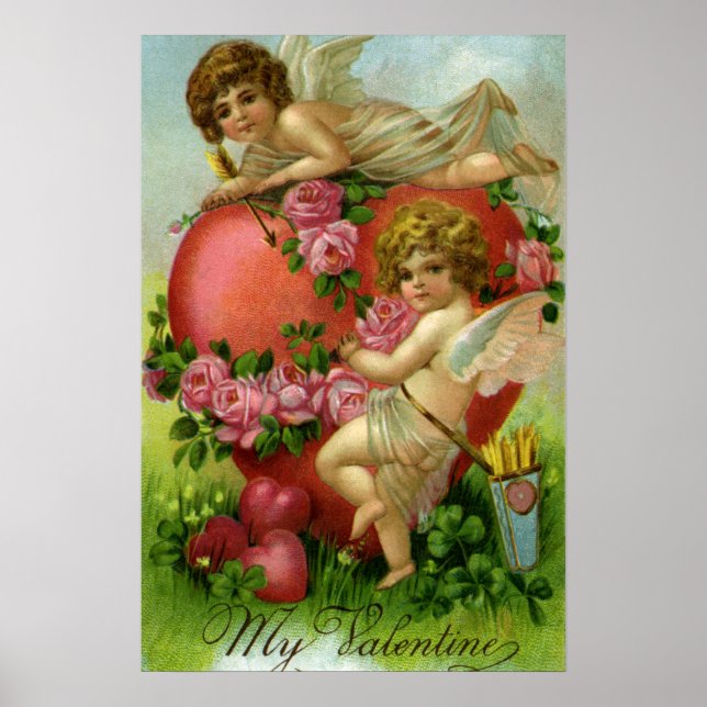 Vintager Viktorianischer Valentinstag Engel Herzli Poster (Vorne)