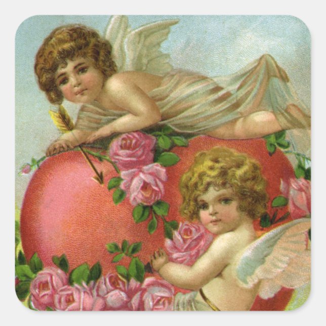 Vintager Viktorianischer Valentinstag Engel Herzli Quadratischer Aufkleber (Vorderseite)