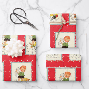 Vintager Viktorianischer Valentinstag Junge, Katze Geschenkpapier Set