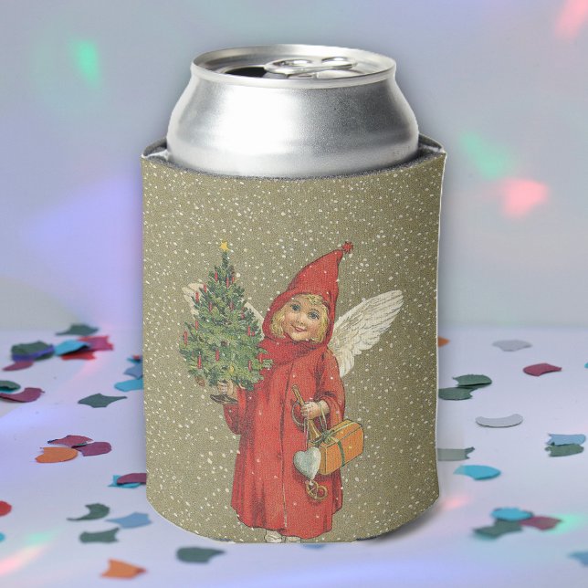 Vintager Viktorianischer Weihnachtsbaum Dosenkühler (Little Victorian Christmas angel holding decorated Tree red cape on brown with snow drink can cooler)