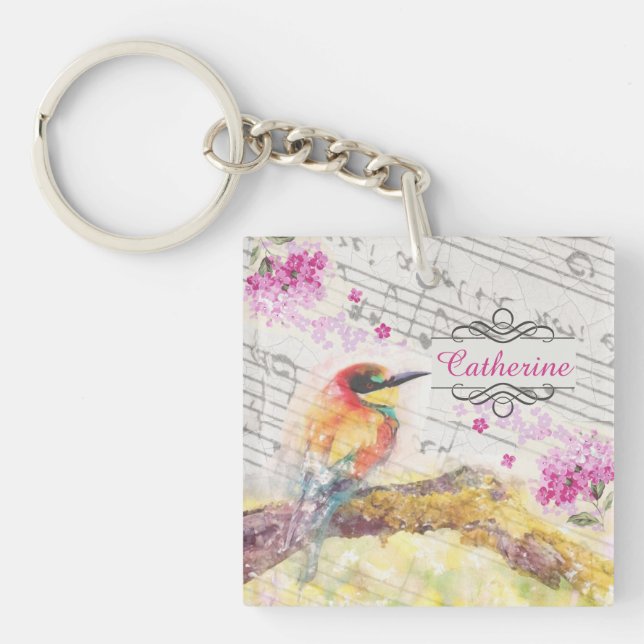 Vintager Vogel auf Baumrosa Blume entmutigen Schlüsselanhänger (Vorderseite)