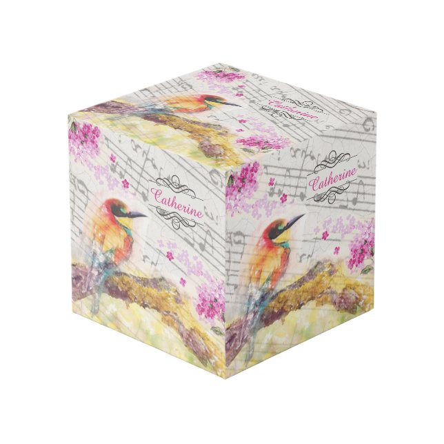 Vintager Vogel auf Baumrosa Blume entmutigen Würfel (Vorderseite Schrägansicht)