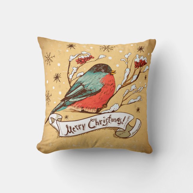 Vintager Vogel auf der SchneeklavBranche Frohe Wei Kissen (Vorderseite)