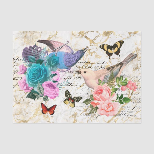 Vintager Vogel, Blume & Schmetterling Kunst, Dekor Seidenpapier (Vorderseite)