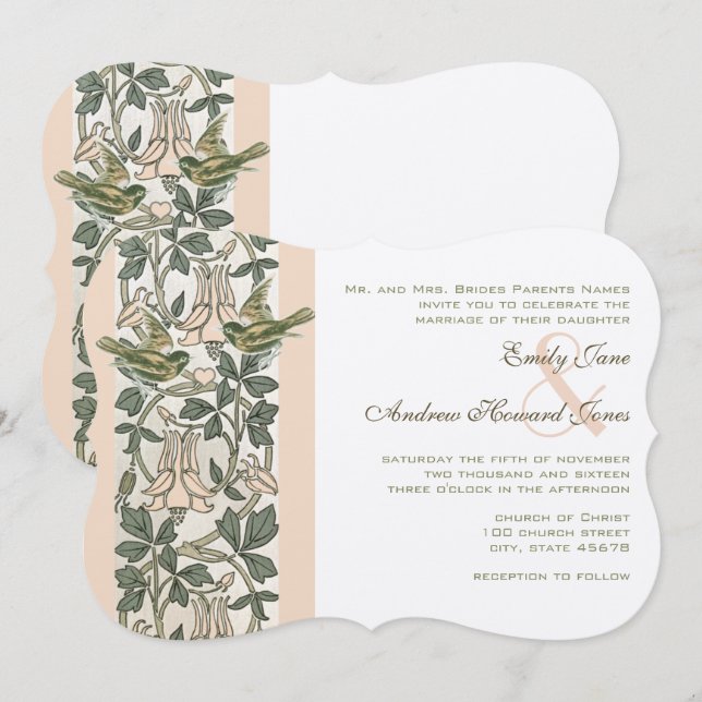 Vintager Vogel Blush PinkHoney Suckle Blumenzehen Einladung (Vorne/Hinten)