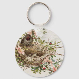 Vintager Vogel im Nest-Tierdruck Schlüsselanhänger