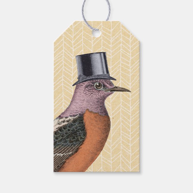 Vintager Vogel mit Top Hat Geschenkanhänger (Vorderseite)