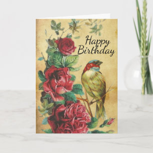 Vintager Vogel und Rose Glückwunschkarte zum Gebur Karte