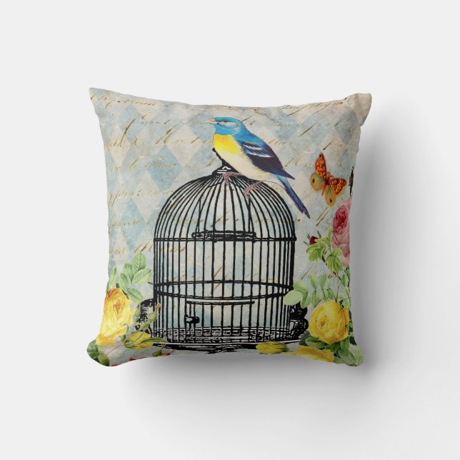 Vintager Vogel und Rosenthrow-Kissen Kissen (Vorderseite)