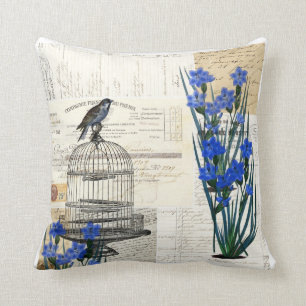Vintager Vogelbirdcage-blaues Kissen