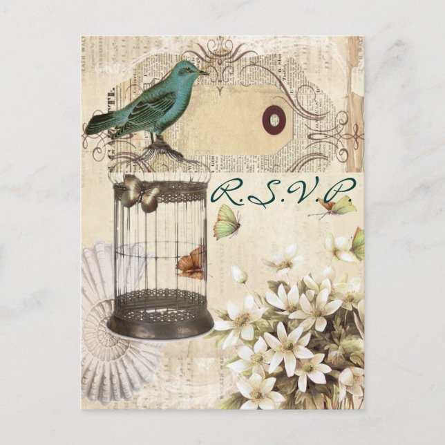 Vintager Vogelkäfig botanische Hochzeitserwiderung Einladungspostkarte (Vorderseite)