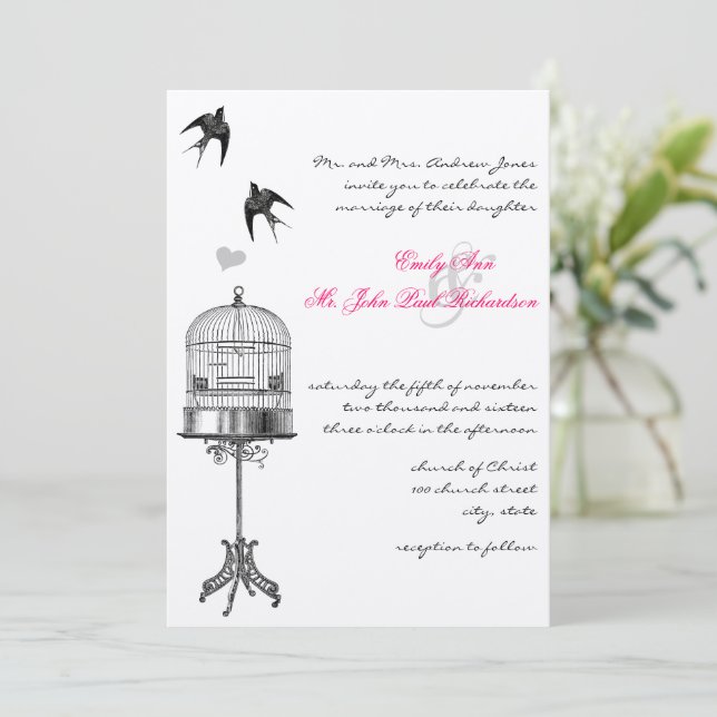 Vintager Vogelkäfig Rosa Akzente Hochzeitseinladun Einladung (Stehend Vorderseite)