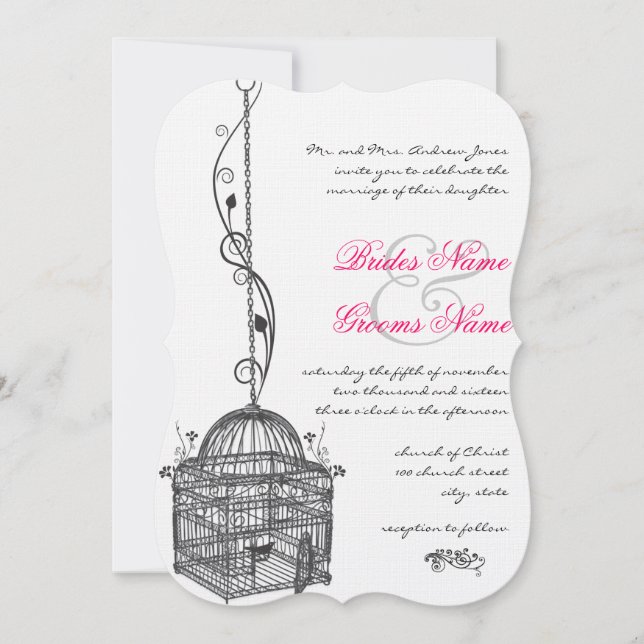 Vintager Vogelkäfig Rosa Akzente Hochzeitseinladun Einladung (Vorderseite)