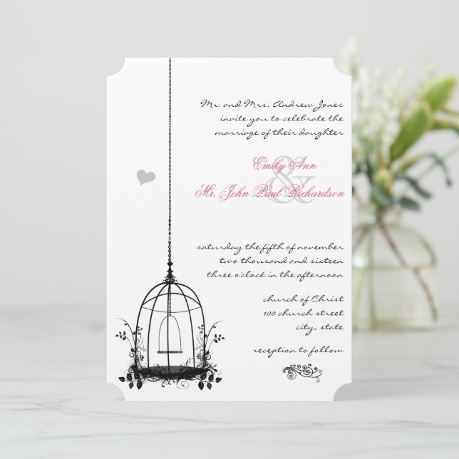 Vintager Vogelkäfig Rote Akzente Hochzeitseinladun Einladung (Stehend Vorderseite)