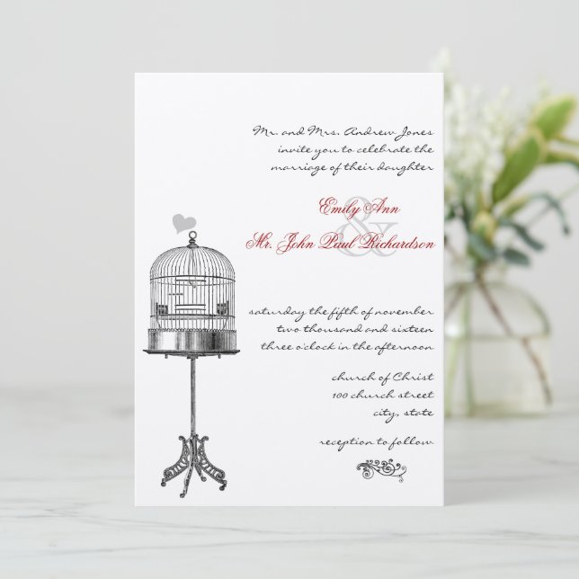 Vintager Vogelkäfig Rote Akzente Hochzeitseinladun Einladung (Stehend Vorderseite)