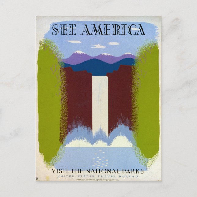 Vintager Wasserfall und Gebirge WPA Postkarte (Vorderseite)