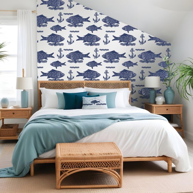 Vintager Wasserfisch, Wellengang und Ankerweiß Tapete (Vintage Sketch Nautical Fish, Waves & Anchor White Wallpaper)