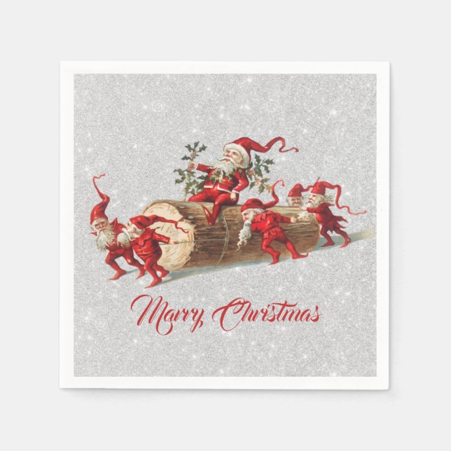 Vintager Weihnachtselfen Glitzer Serviette (Vorderseite)