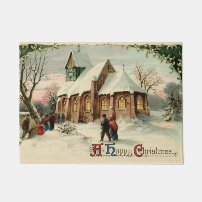 Vintager Weihnachtskirchen-Szenen-Feiertag Fußmatte (Vorderseite)