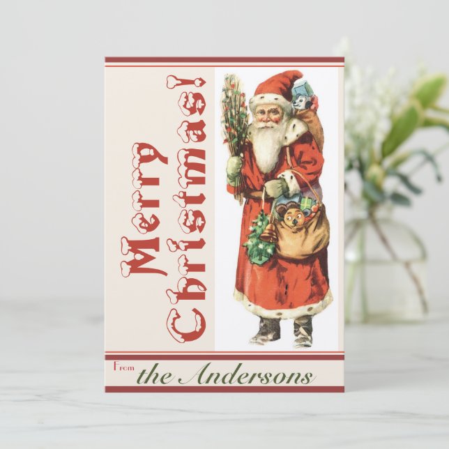 Vintager Weihnachtsmann 5 mit Weihnachtsfeiertag Einladung (Stehend Vorderseite)