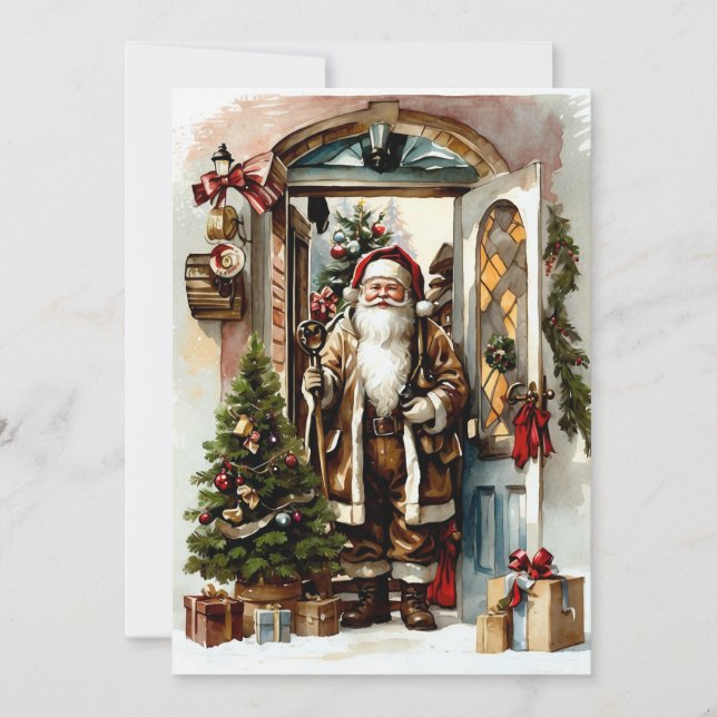 Vintager Weihnachtsmann an der Tür Feiertagskarte (Vorderseite)