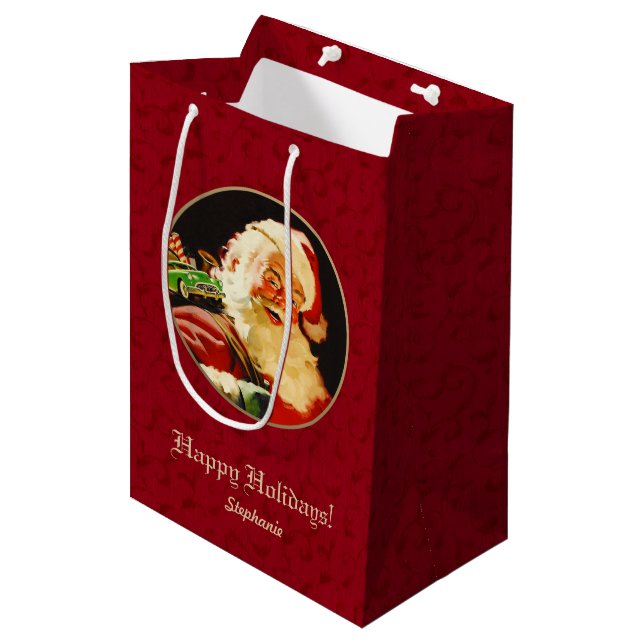 Vintager Weihnachtsmann Custom Weihnachtsgeschenkt Mittlere Geschenktüte (Vorderseite Schrägansicht)