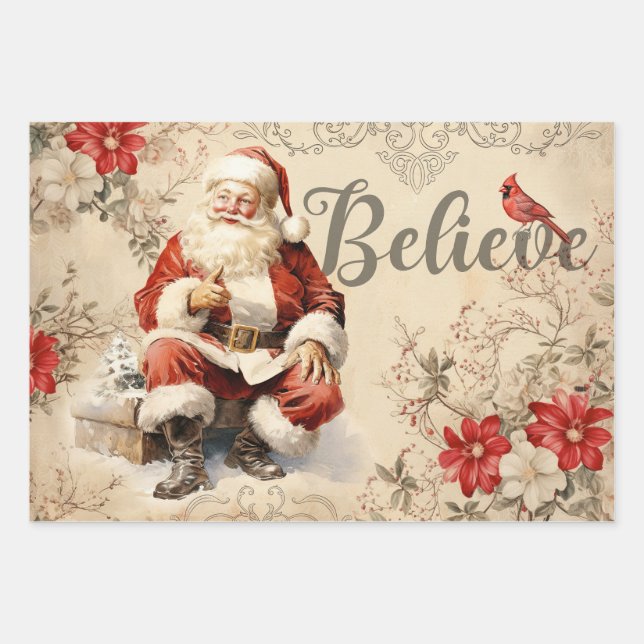 Vintager Weihnachtsmann Decoupage Ephemera Geschenkpapier Set (Vorderseite)