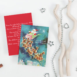 Vintager Weihnachtsmann fliegt Rentier über Häuser Feiertagskarte